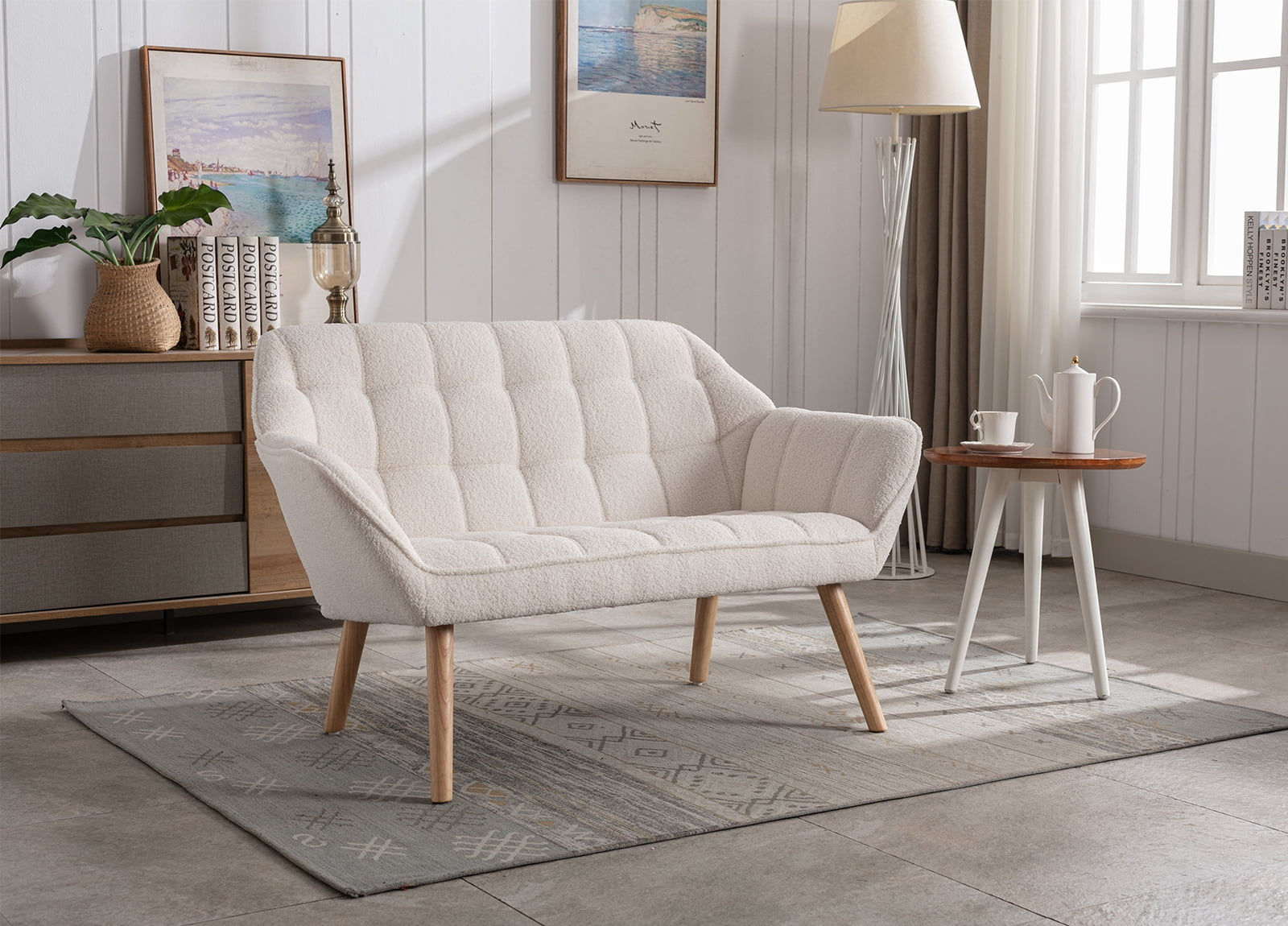 Guyou Small Loveseat Sofa, Modern Sherpa 2-Seater Mini Sofa Couch with Quilted Back and Armrests, Cute Accent Chair with Wooden Legs for Living Room Bedroom Apartment, White