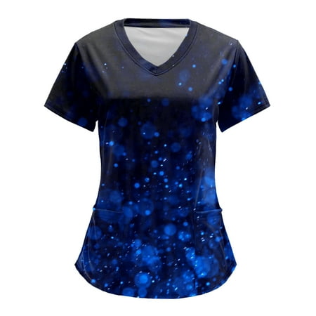 

Scrubs For Women Tops Black Starry Sky Print Short Sleeve V Neck Workwear Tshirt Blouse With Pocket Nursing Uniforms For Women