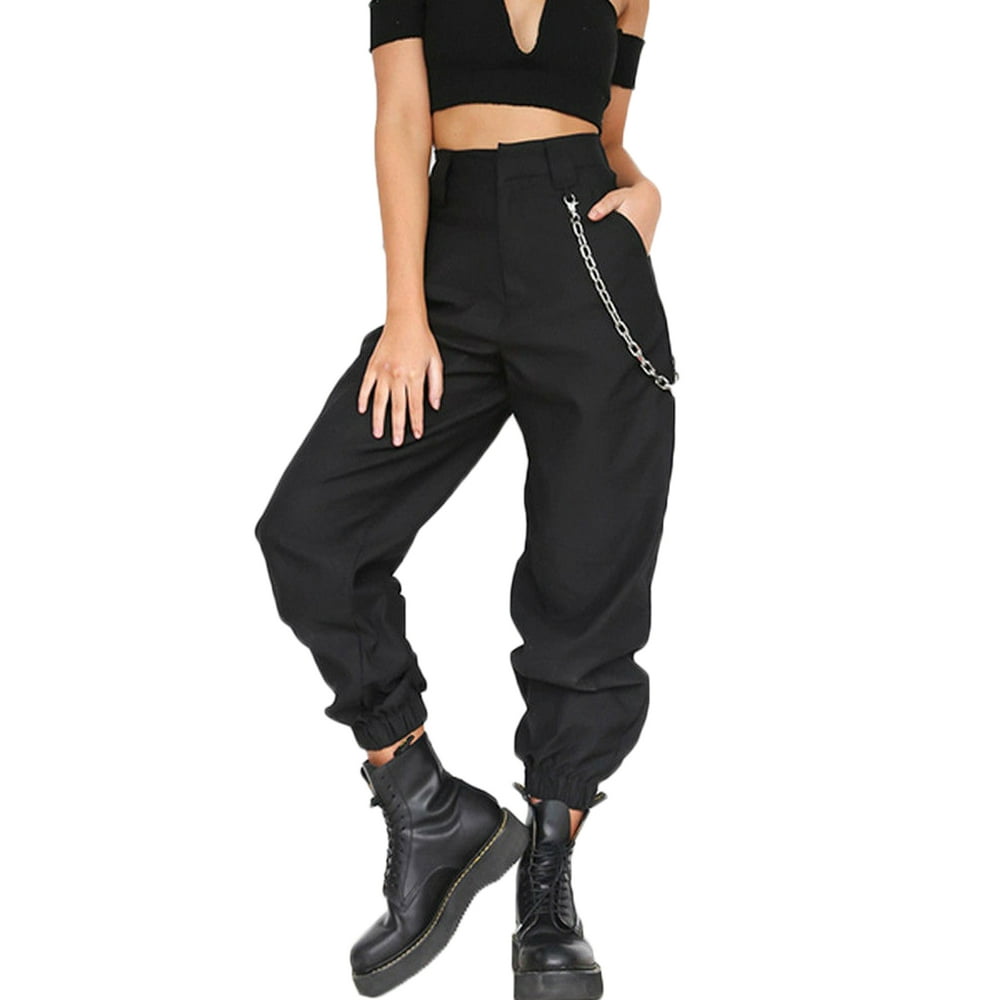 One Opening Women Cargo Pants High Waist Jogger Skinny Trousers Side