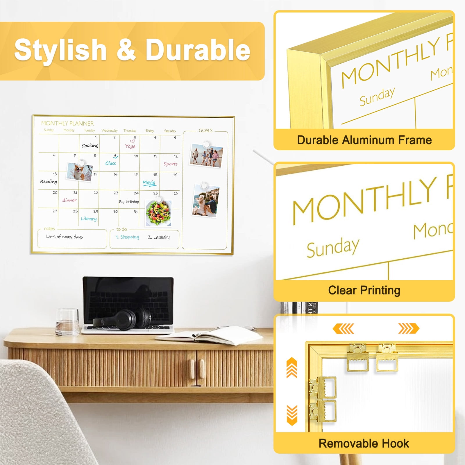 Monthly Calendar Whiteboard, 36"x24" Magnetic Dry Erase Calendar with Gold Frame, Wall Hanging Planner for Home, Office