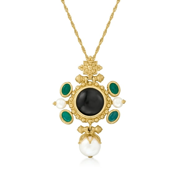 Ross-Simons Italian Cultured Pearl, Black Onyx and Green Agate Pendant Necklace in 18kt Gold Over Sterling Silver, Women's, Adult