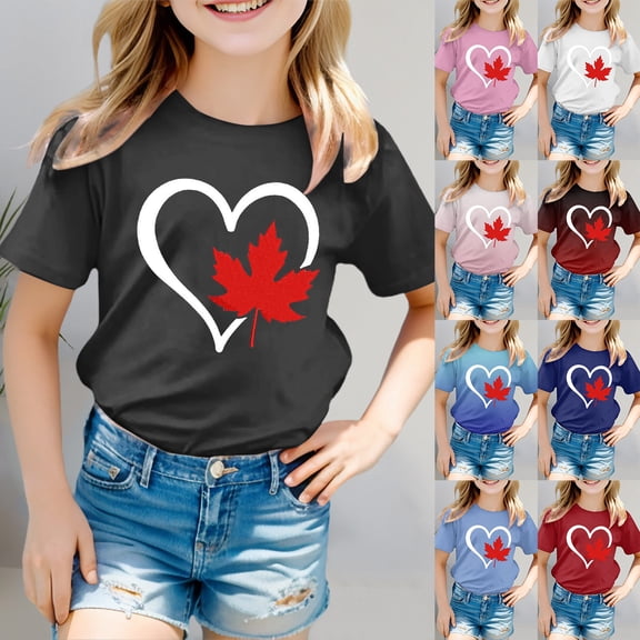 Girls T Shirts Canada Flag Print Short Sleeve Crewneck Casual Basic T Shirt Top Girls' Tops Pink 12-13 Years