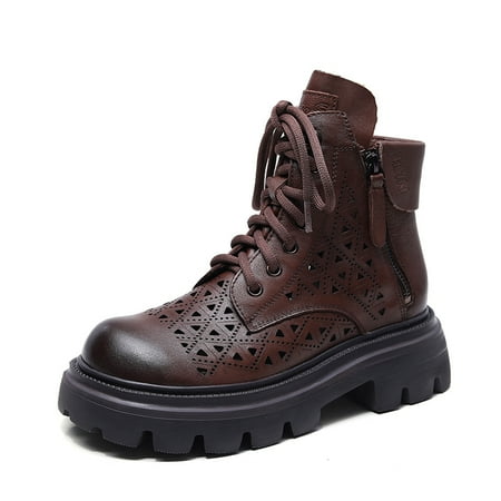 

Women‘s Platform Ankle Combat Boots Hollow Out Lace Up Round Toe Side Zipper Shoes British Style Non-slip Shoes