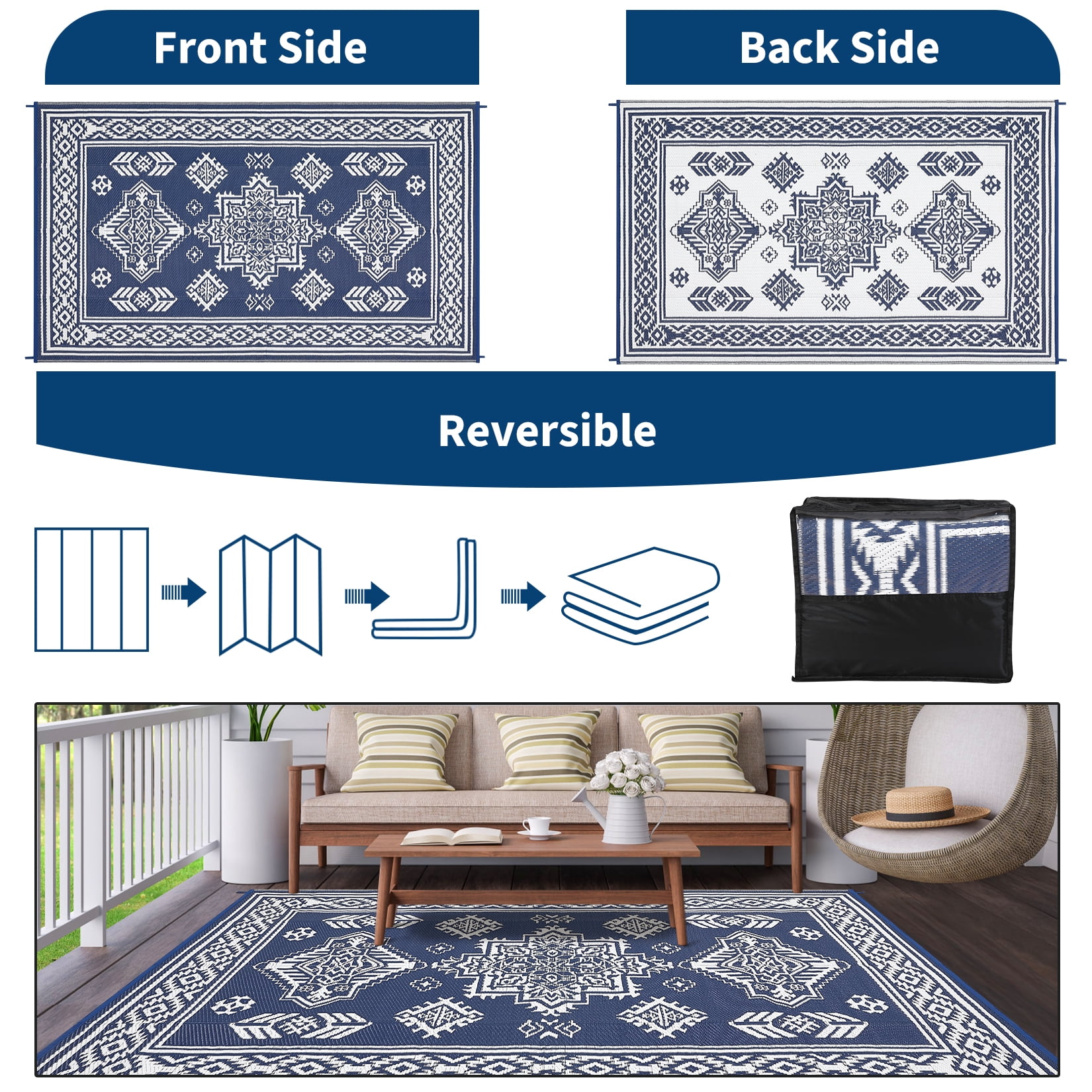 Nanan 9'x18' Indoor Outdoor Rug Boho Waterproof Plastic Straw Patio Rug, Reversible RV Camping Carpet for Backyard, RV, Deck, Porch, Balcony, Dark Blue