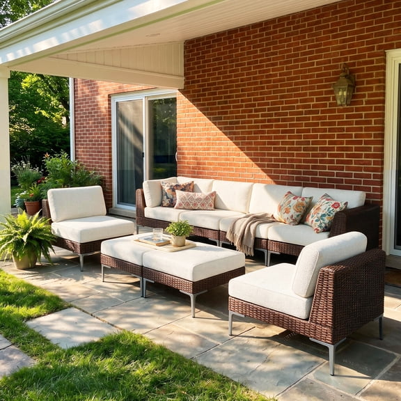 LayinSun 8-Piece Wicker Rattan Patio Furniture Set, Deep Seating Outdoor Modular Sectional Sofa Conversation Set with Thick Cushions for Lawn, Garden