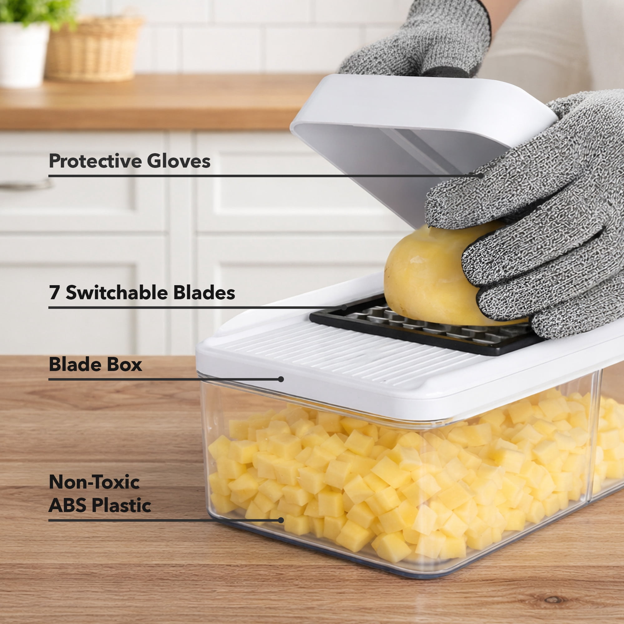 OVENTE Vegetable Chopper and Mandoline Slicer, 7-in-1 Multifunctional Kitchen Gadget & Food Cutter for Fruit, Onion, Potato, Cucumber, Cheese Grater, Veggie Spiralizer with Safety Gloves, White MD71W