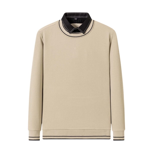 Blusas y camisas de manga larga con cuello en V para hombre, color liso, moda informal, falso bicapa, cuello abatible, suéter cálido, camisa base, manga larga, parte superior de poliéster para hombre