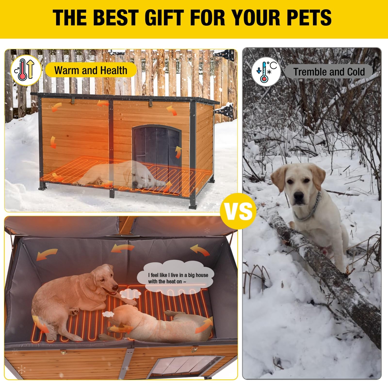 MEDEHOO Heated Dog House Outdoor 59" Extra Large Insulated Dog Kennel with Heating Pad Keep Warm in Winter Dog Cage for Small & Medium & Large Dogs,All-Around Strong Iron Frame