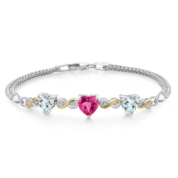 925 Silver and 10K Yellow Gold Pink Created Sapphire and Sky Blue Aquamarine and Lab Grown Diamond Bracelet for Women (2.94 Cttw, September Birthstone, Heart 6.5/7/7.5 inch, Made in Italy)