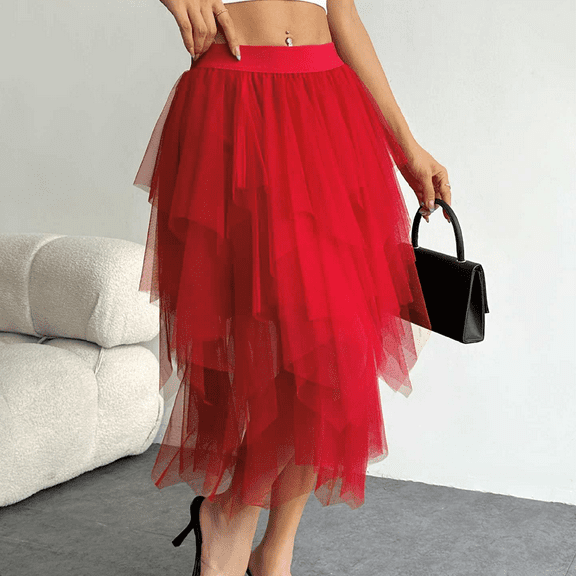 Women's Tulle Skirts High Low Layered Puffy Fairy Skirts Midi Length Irregular Tutu Skirt Red S