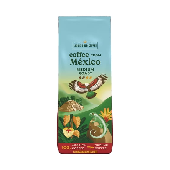 Coffee from Mexico, Ground Medium Roast, 12OZ - 340 Grams, by Liquid Gold, Marachi Chiapas Farm, Roasted Fresh Locally in USA