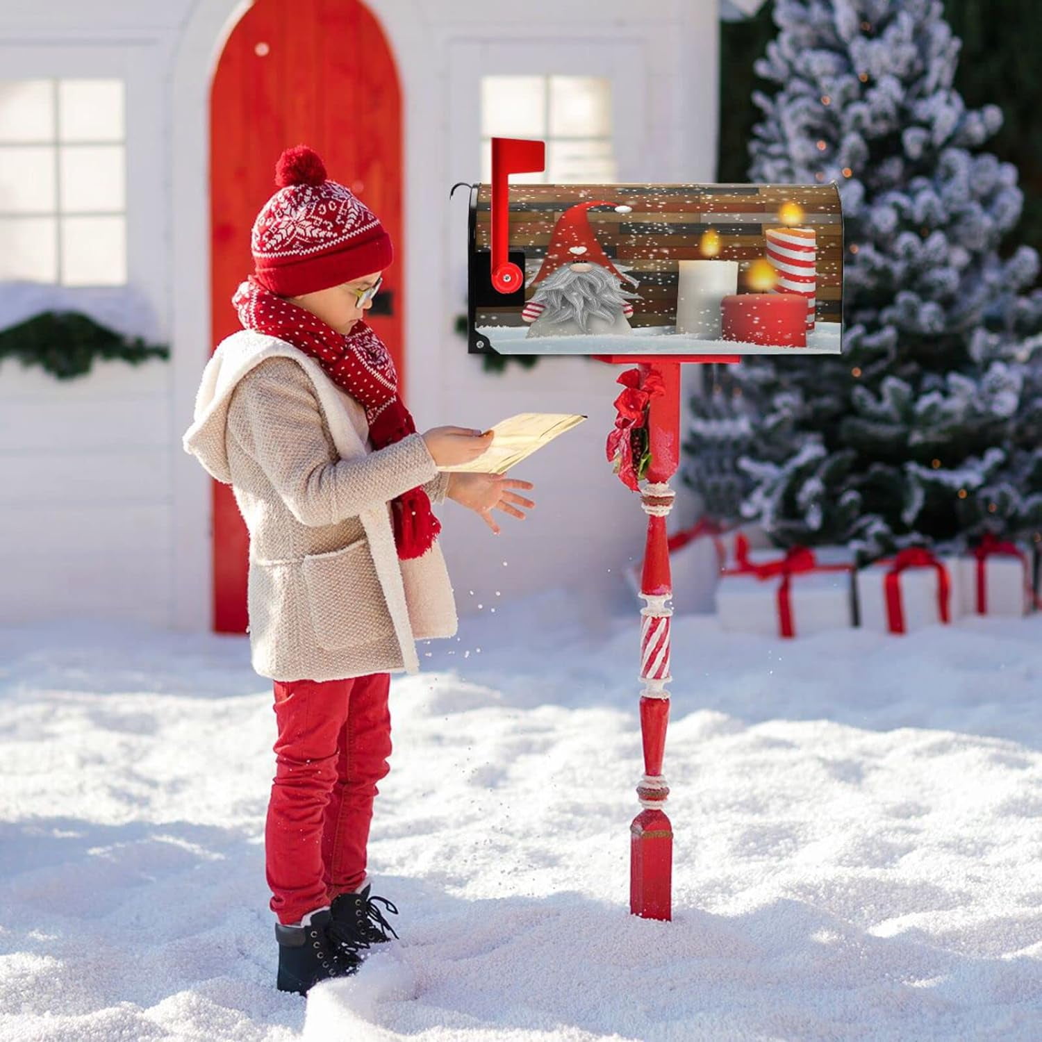Christmas Gnome Elf Mailbox Cover Xmas Candle Winter Snow Mailbox Covers Magnetic Large Oversized 21"X25.5" Mailbox Wraps Post Letter Box Cover Garden Decorations