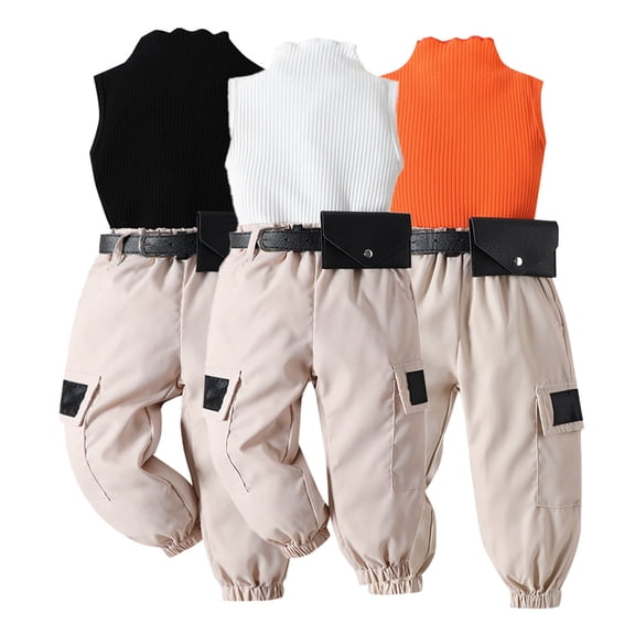 Esaierr KIds Baby Girls Summer Outfits Clothes 3PCS Set Newborn Stylish Comfortable Set Toddler Solid Color Vest Top Cargo Pants belt Three-Piece Set for 12M-5Years
