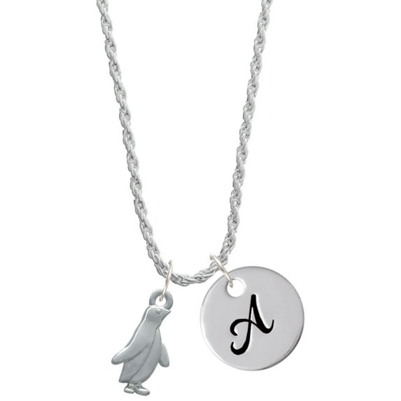Delight Jewelry Silvertone Penguin Silvertone Script Initial Disc - A - Charm Necklace, 20"+3"