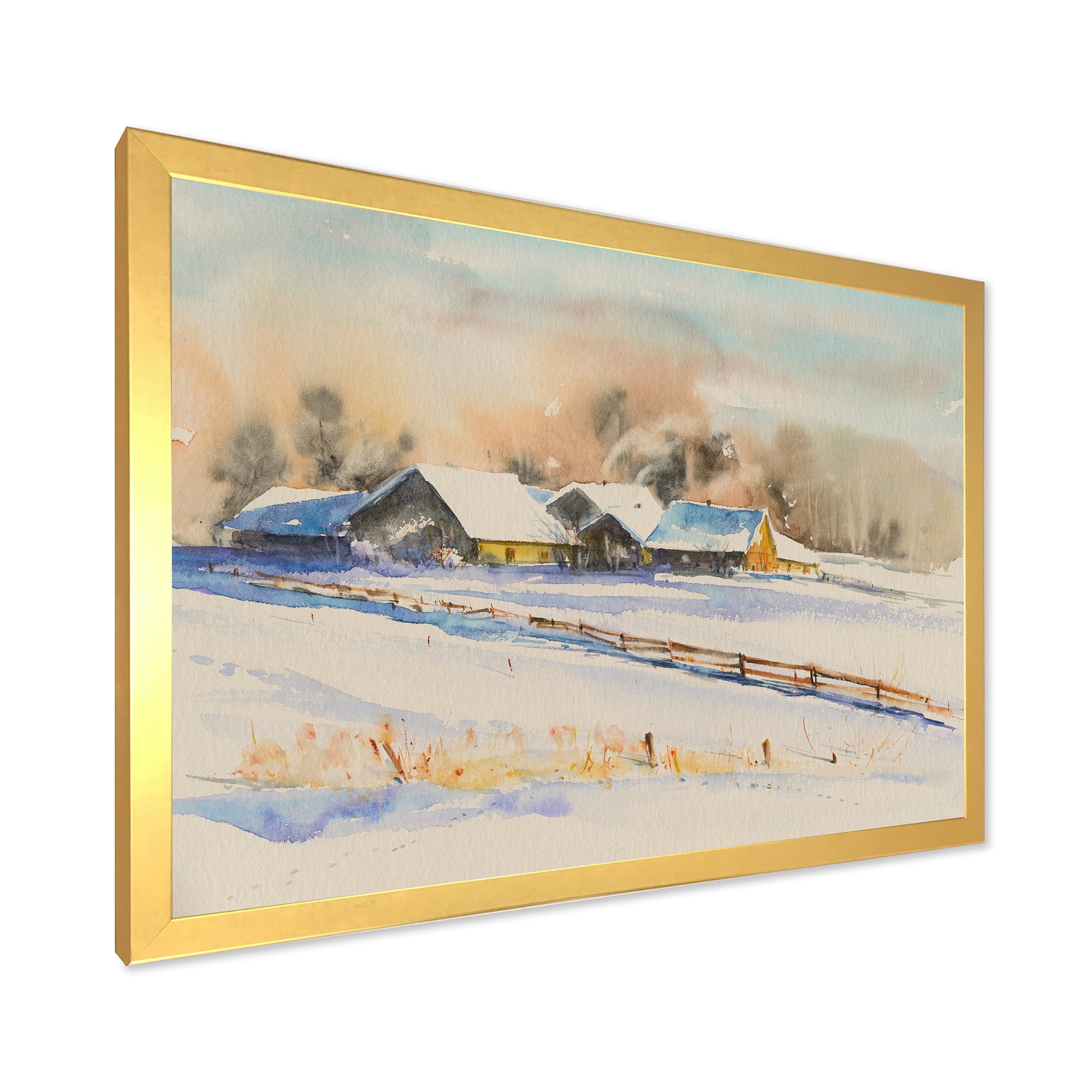 Designart 'Small VIllage At Evening Covered With Snow' Traditional Framed Art Print