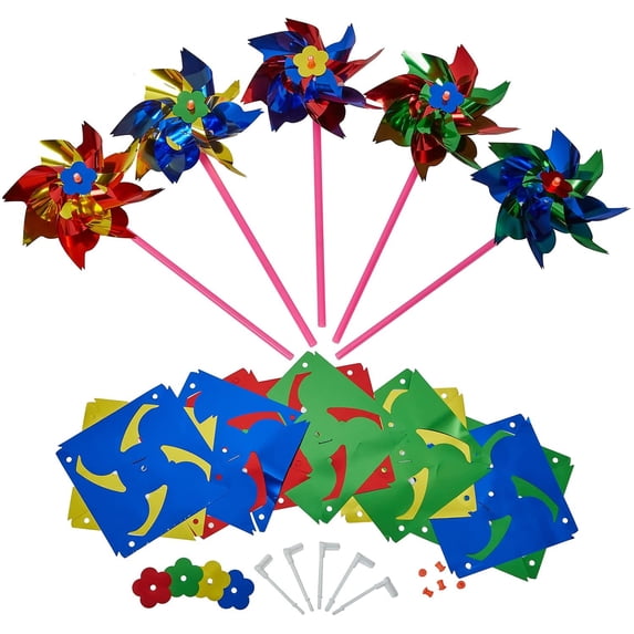 Kicko Colorful Metallic Pinwheels Pack of 12 Windmills with Stick for Kids and Adults