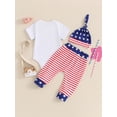 thumbnail image 4 of Bslissey 4th of July Baby Boys Long Pants Sets Short Sleeve Letter Embroidered Romper + Stripe Stars Print Trousers + Hat 0-18M Newborn Infant Casual 3Pcs Summer Outfits, 4 of 9