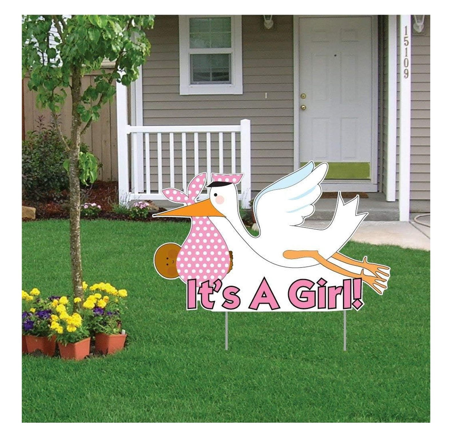 It's a Girl Yard Sign - Stork Lawn Decoration, Baby Announcement Outdoor Sign (Dark Skin Tone) - New Baby Reveal, Gender Reveal, Welcome Baby Girl, Party Decorations