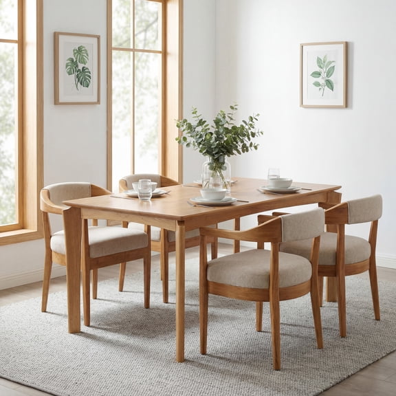 Christopher Knight Home Mid Century 5-Piece Dining Set, Wood Table with Upholstered Arm Chairs, Beige Natural