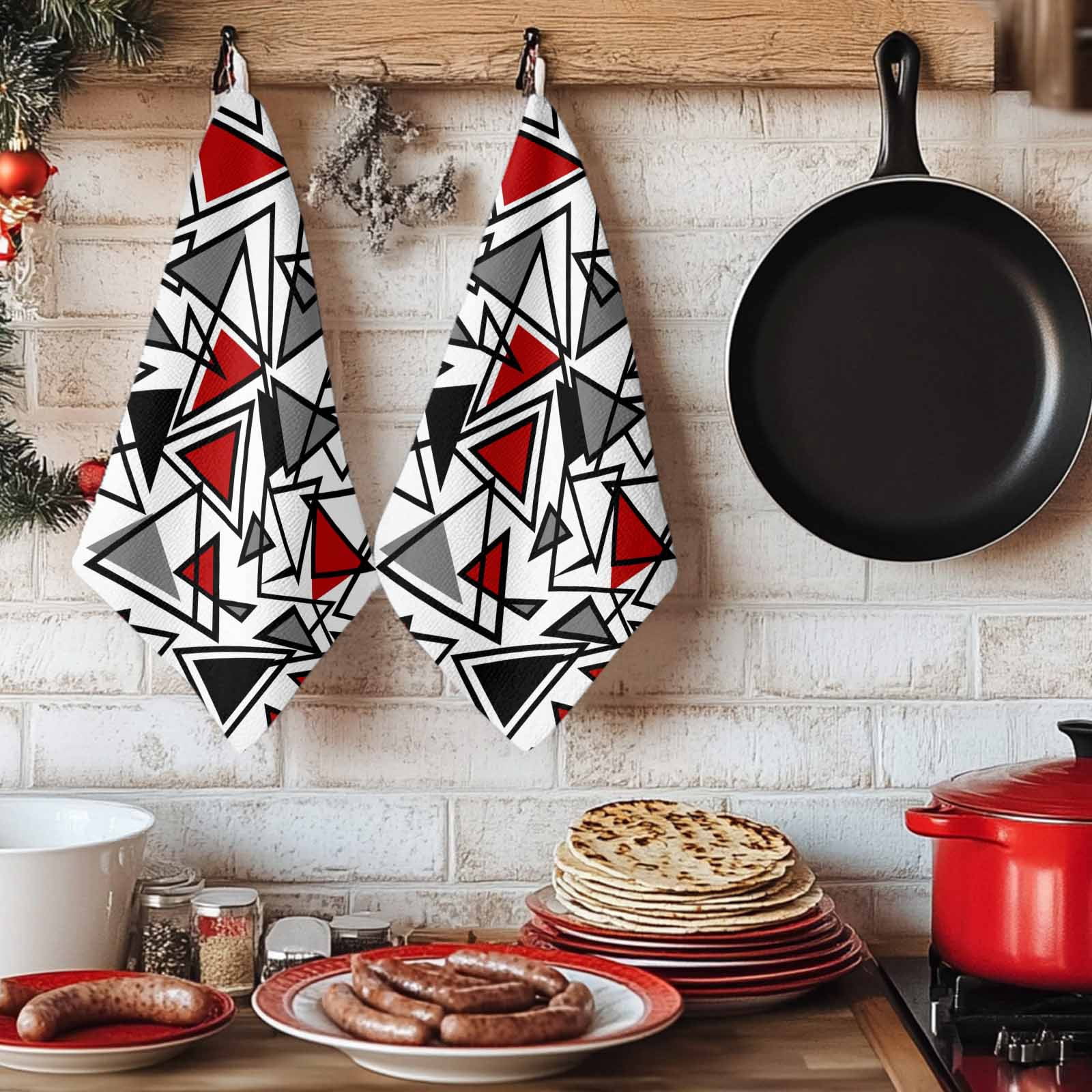 Dish Towels, Red Grey Geometric Absorbent Kitchen Towels 2 PCS, Triangle Modern Art Microfiber Hand Towels Dish Cloths Tea Towels for Home&nbsp;Bathroom Cleaning Drying,18X28-Inch,
