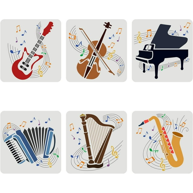 6 plantillas de instrumentos musicales de 30 x 30 cm (11,8 x 11,8 pulgadas): guitarra, violín, piano, acordeón, arpa y saxofón. Plantilla grande reutilizable para manualidades y pintura.
