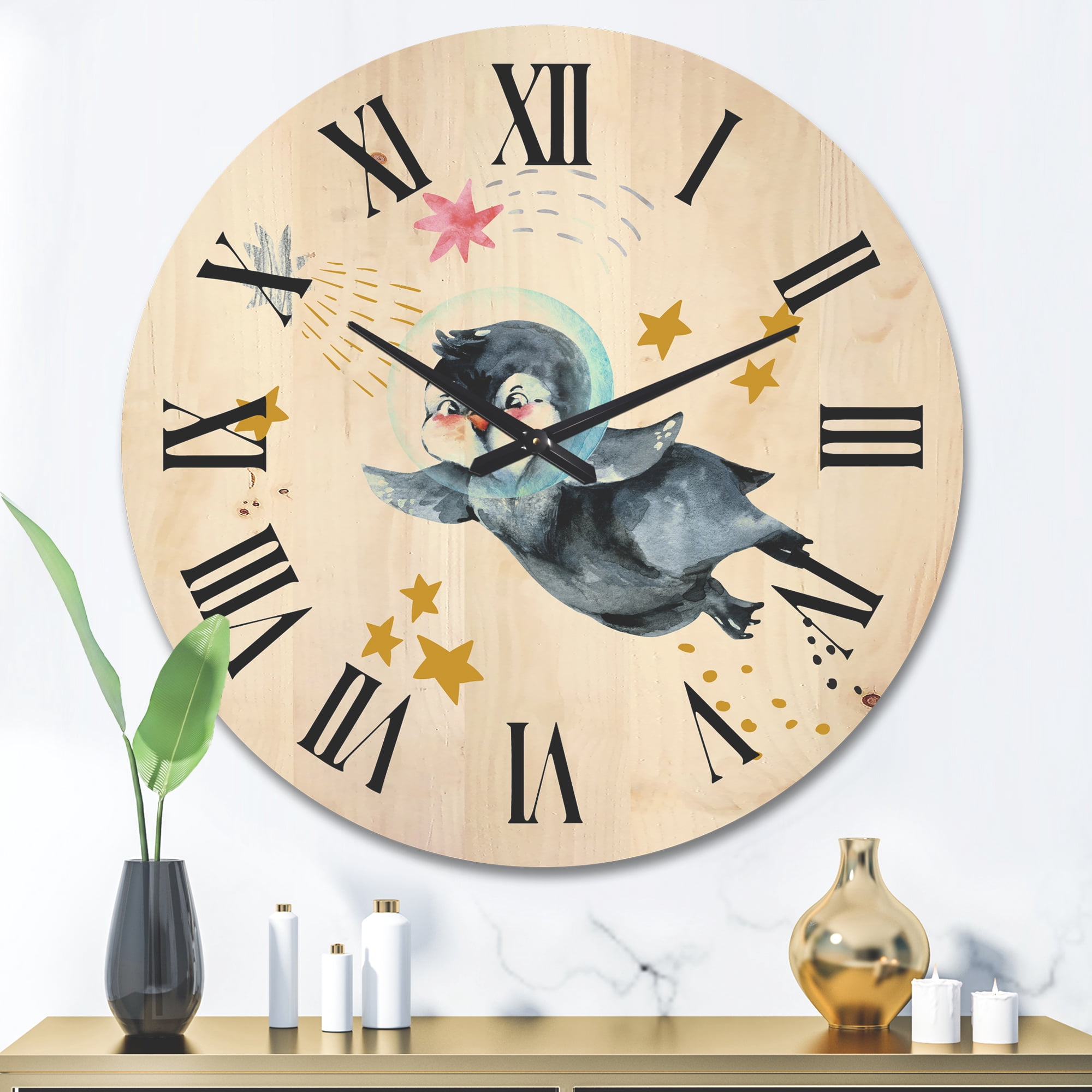 Designart 'Little Penguin Flying Planets and Stars I' Farmhouse Wood Wall Clock