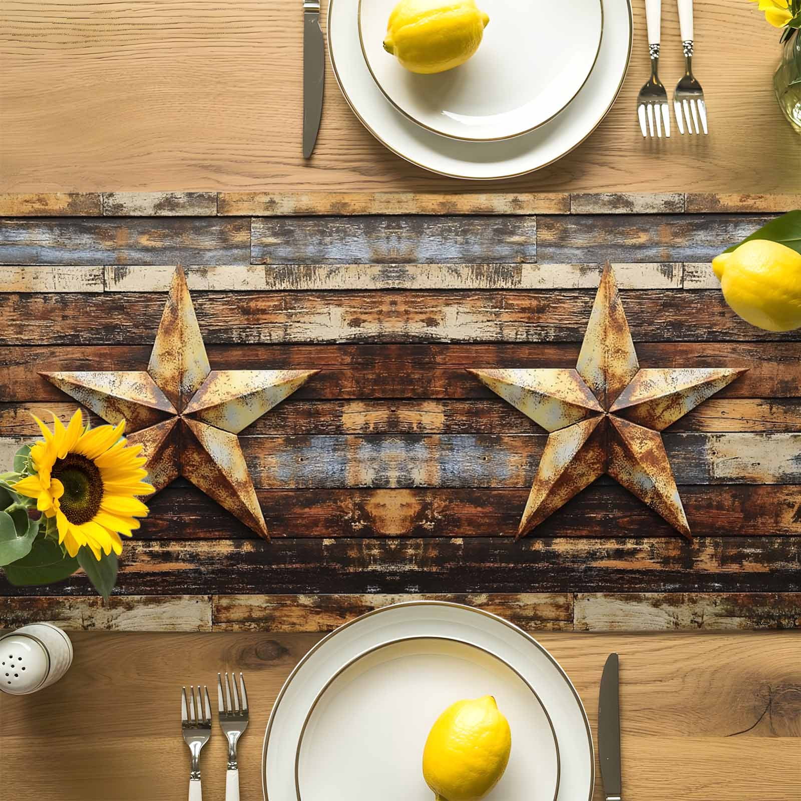 Vintage Texas Star Wood Grain Table Runner 90 Inches Long, Farmhouse Barn Board Table Runners Tabletop Scarf Kitchen Dining Tables Decoration for Home Party Indoor Outdoor