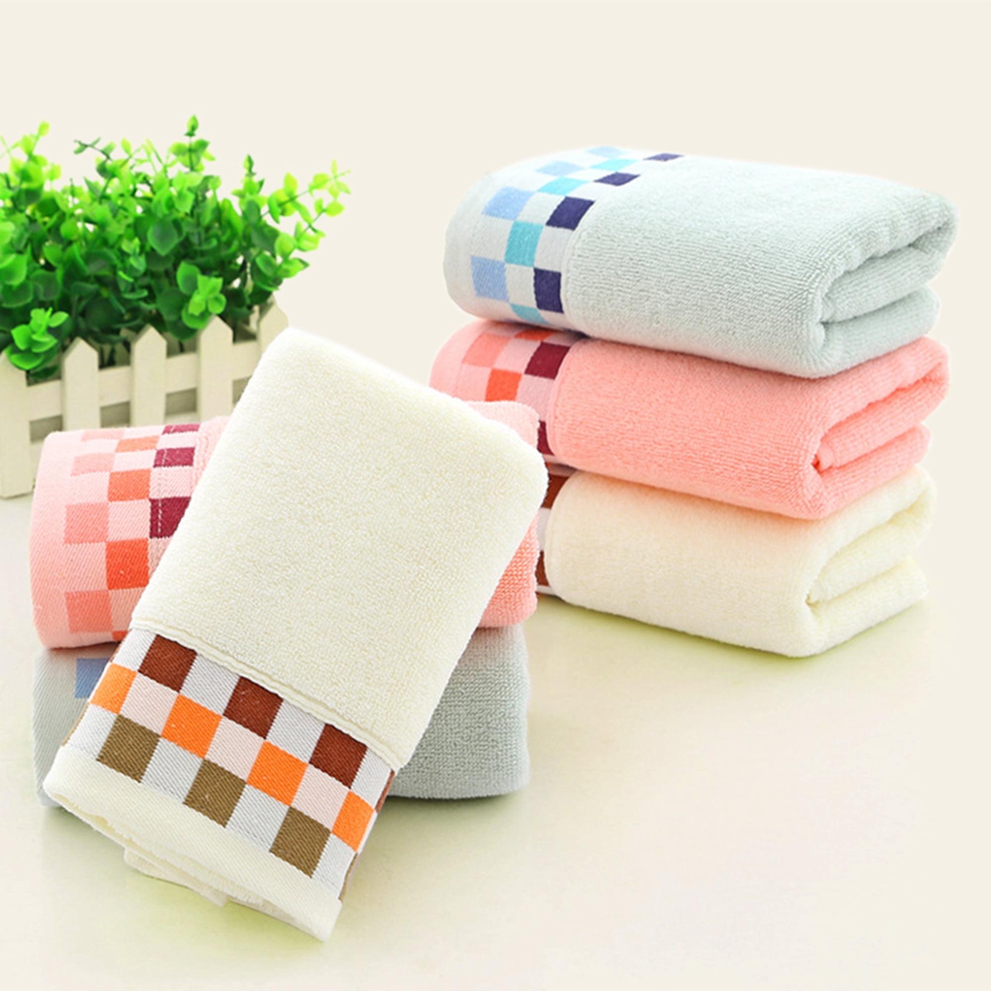 Unique Bargains Cotton Striped Absorbent Soft Hands Face Towel Light Green 2-Piece