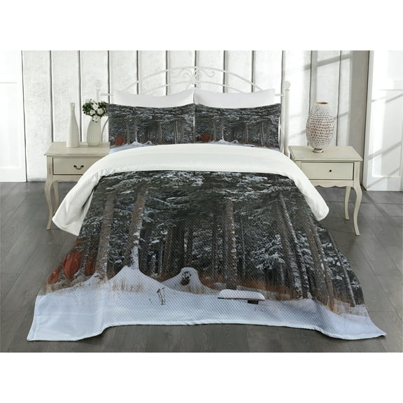 Ambesonne Outhouse Quilted Bedspread Set 3 Pcs, Snowy Forest Cottage, Queen Size, Dark Green and White