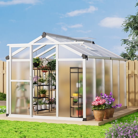 CazToi 6x10 FT Walk-in Polycarbonate Greenhouse Aluminum Frame with Roof Vent & UV Protected & Sliding Door