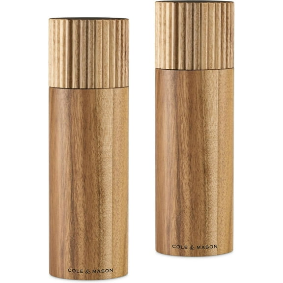 Cole & Mason 7" Galloway Ribbed Acacia Gift Set - Kitchen Mills with Adjustable Grinding - Flavor-Enhancing Grinder Set - Salt & Pepper Mills for Smooth Grind Experience