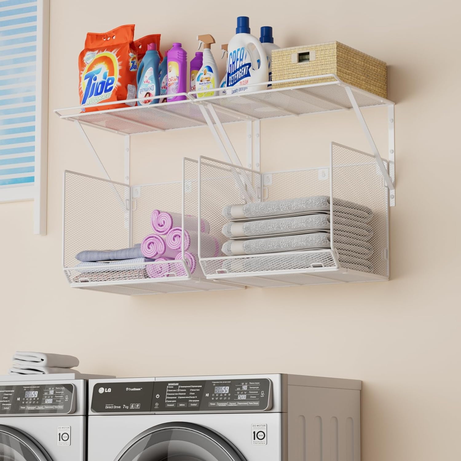 2 Pack Laundry Room Shelves Organization and Storage,Wall Mounted Clothes Drying Rack with Wire Mesh Basket Over Washer and Dryer, (Black, 2 Pack)