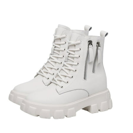 Sexlip Womens Combat Boots Fashion Plush Lace Up Casual Outdoor Active Boots Solid Color Hidden Wedge Heel Round Toe Shoes White 35