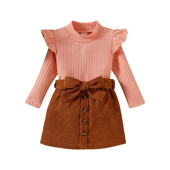 Mercatoo Toddler Girl Fall Winter Outfits Knitted Cotton Solid Color Ruffle Long Sleeves Tops  Mini Skirts Clothes Set