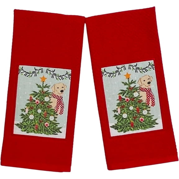 Serafina Home Christmas Kitchen Hand Towels: Red Textured Terry Cloth with Decorative Christmas Tree and Dog Patch (Patch)