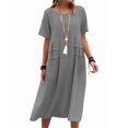 thumbnail image 3 of Womens Loose Fit Casual Linen Blend Solid Color Round Neck Short Sleeve Midi Dress Beach Gray M, 3 of 9