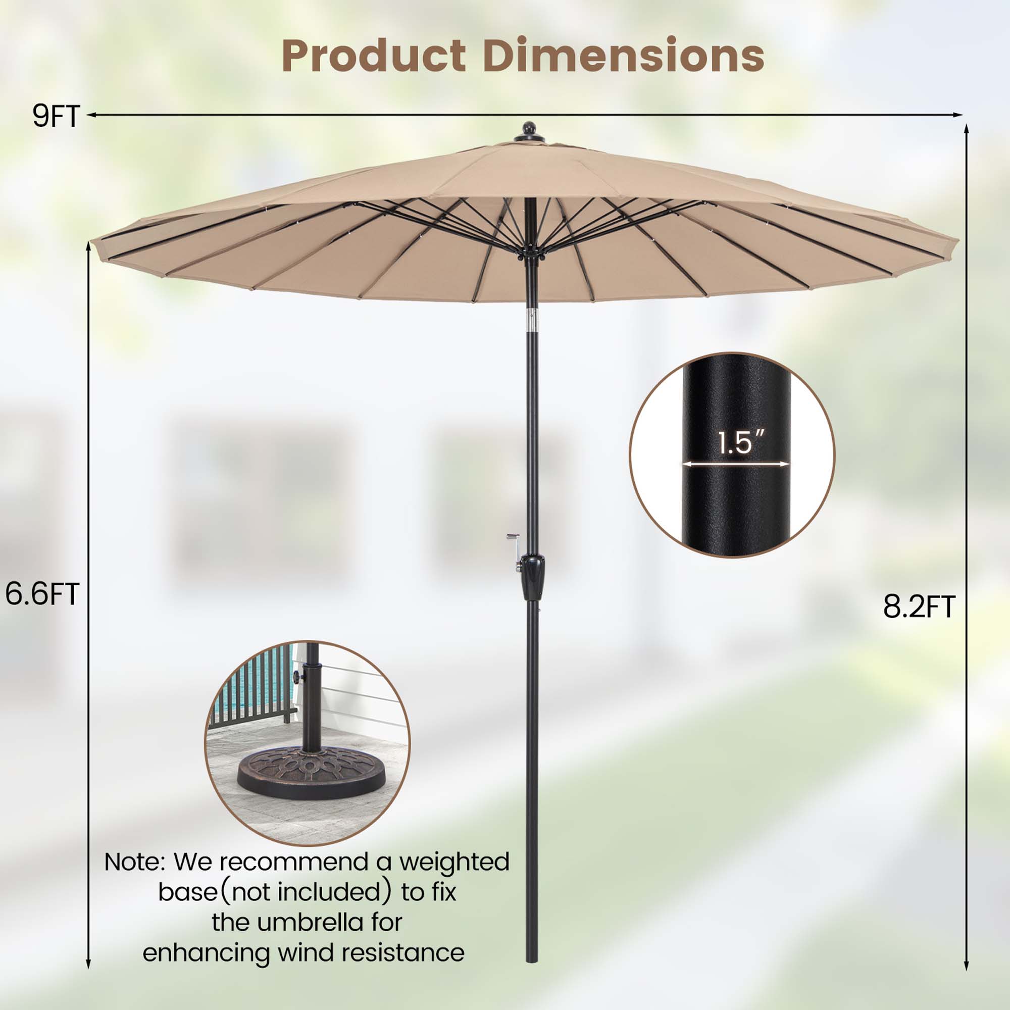 Costway 9 FT Patio Round Market Umbrella with Push Button Tilt, Crank Handle, Vented Top Tan