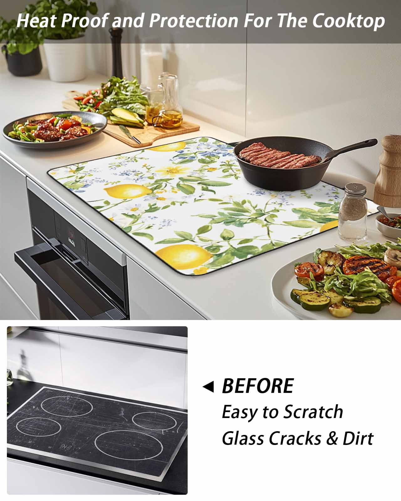 Stove Top Covers for Electric Stove, Summer Lemon Glass Stovetop Cover Protector, Watercolor Yellow Spring Floral Botanical Induction Cooktop Protector Oven Mat for Kitchen Countertop 24"x21"