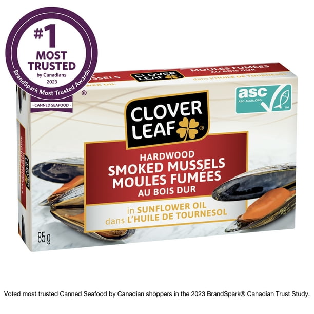 Moules fumées au bois dur dans l'huile de tournesol de Clover Leaf 85 g