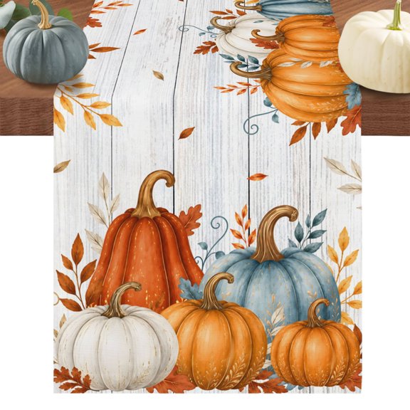 Fall Pumpkins Table Runner, Orange Blue Harvest Pumpkin Autumn Leaf Wood Grain Cotton Linen Table Cloth, Tablerunner for Kitchen Dining Party Wedding Home Decor 13x48 Inch