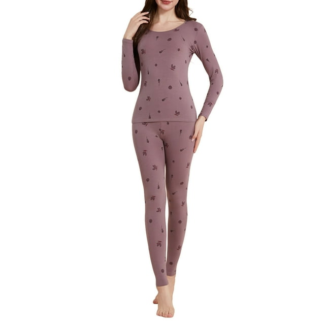 Womens Long Underwear, Stylish Thermal Set with Printed Sleeves