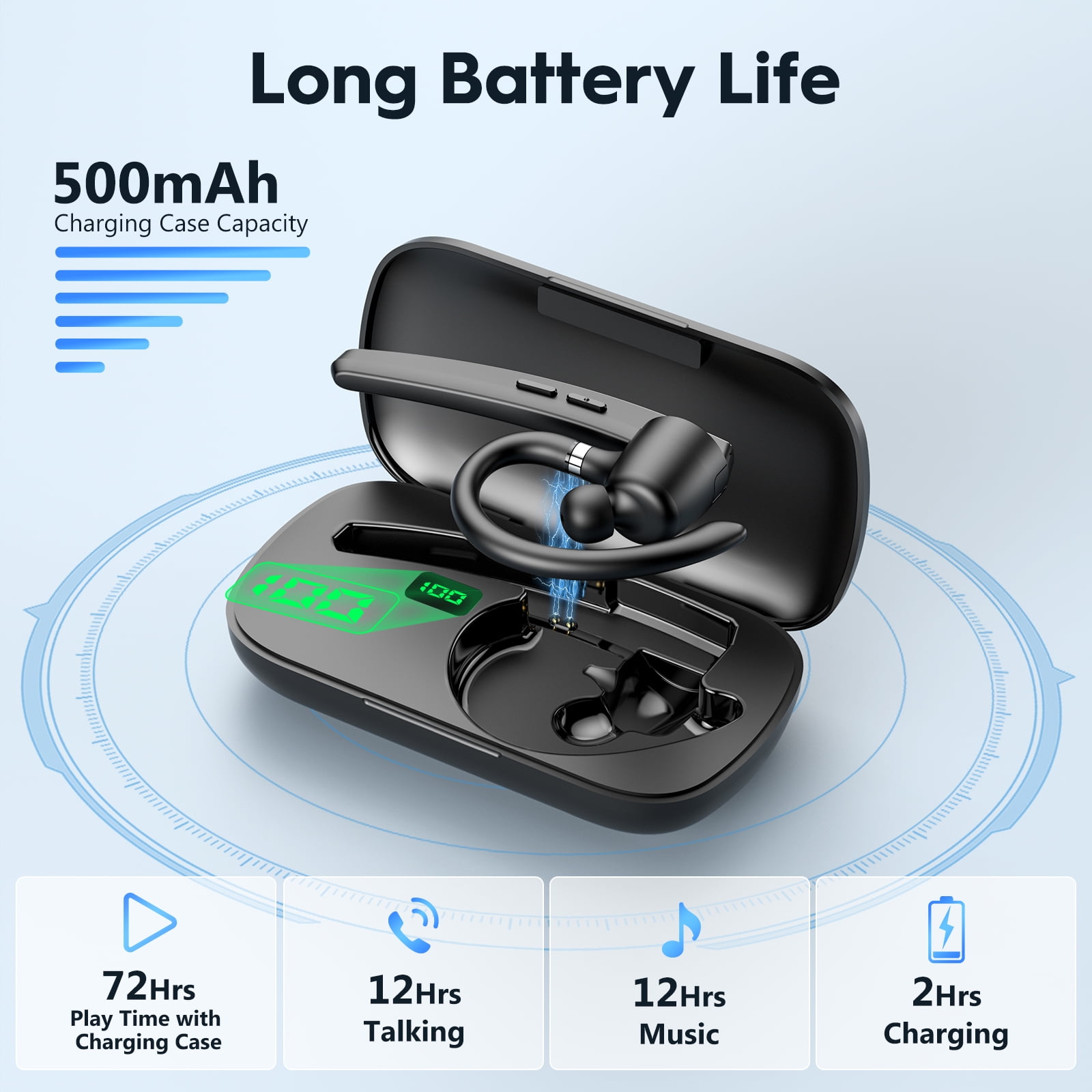 New Bee Bluetooth Headphones,V5.1 Wireless Bluetooth Earpiece, 72H Talk Time, 500mAh Charging Case, ENC Dual Mic, Dual Device Connect, Ear Hook Design, USB-C/Wireless Charging, for Work/Driving/Calls