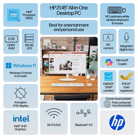 HP 21.45 INCH ALL-IN-ONE DESKTOP PC FHD PENTIUM 8GB 128 SSD WINDOWS 11 HOME IN S MODE CASHMERE WHITE
