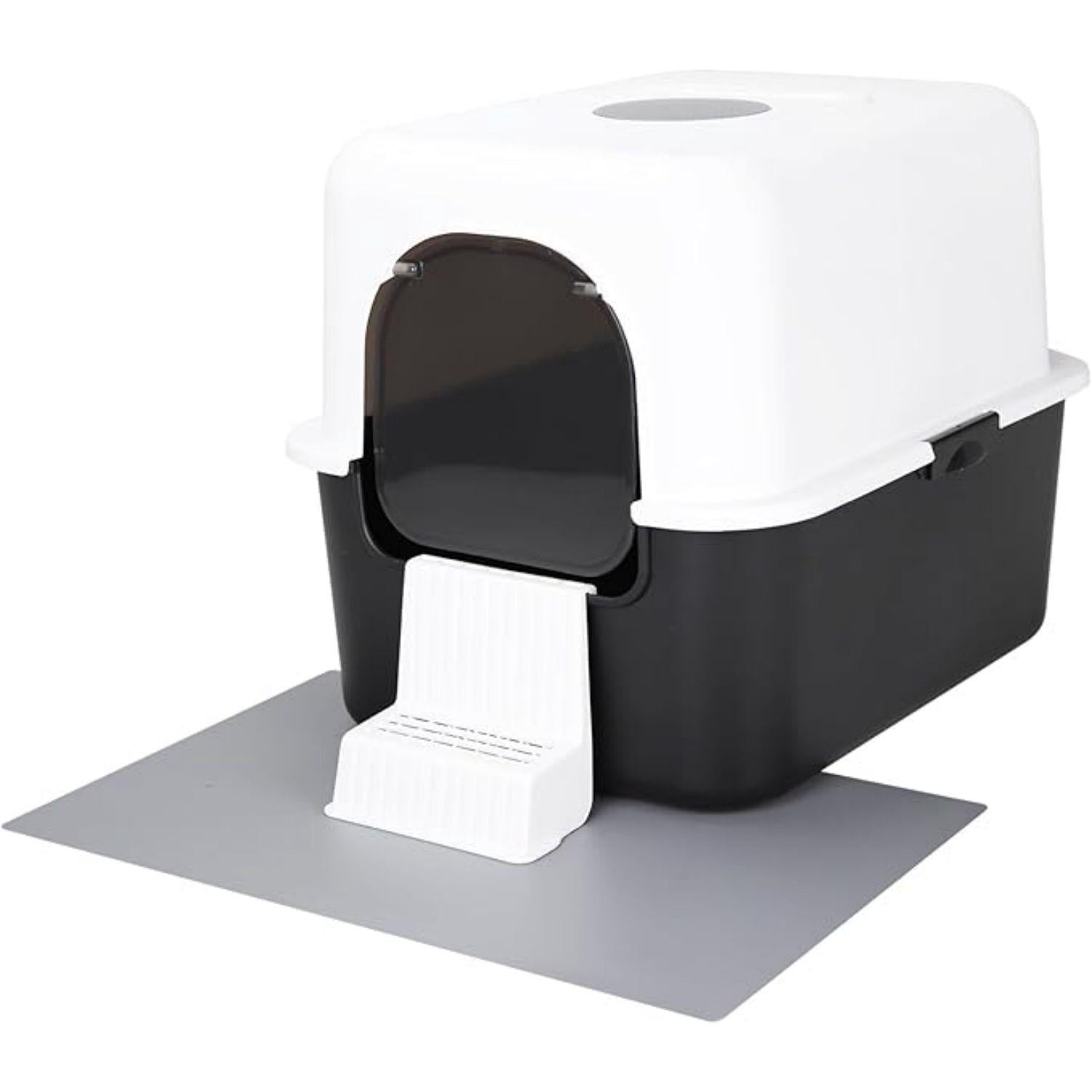 Cat Litter Box with Lid, Fully Enclosed Splash-Proof and Leak-Proof Urine High Edge and Odorless Cat Litter Box, Easy to Installation and Clean (Black with Pedal(S))