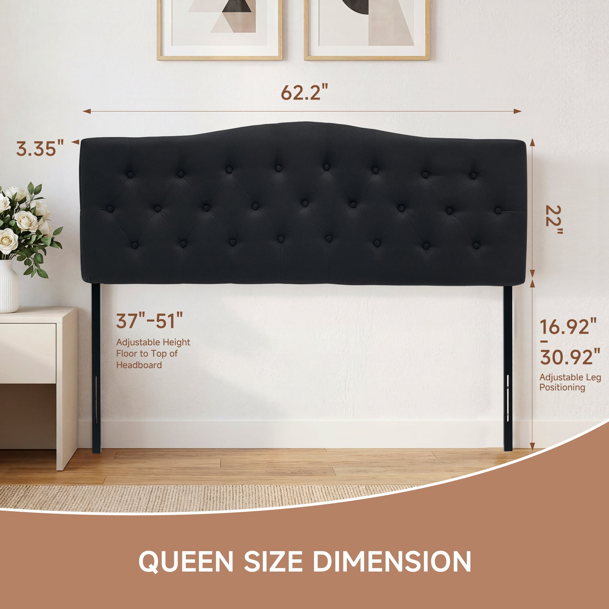 JONPONY Tufted Upholstered Headboard Queen Size, Solid Wood Head Board with Durable Metal Legs, Adjustable Height Head Board, Black