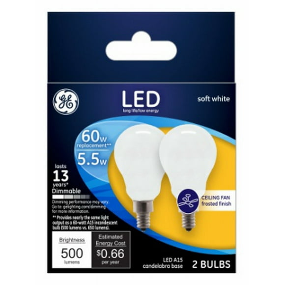 GE Relax HD LED Light Bulbs, 60-Watt Replacement, 2-Pack, Frosted White, A15 Ceiling Fan Light Bulbs, Dimmable, Medium Base