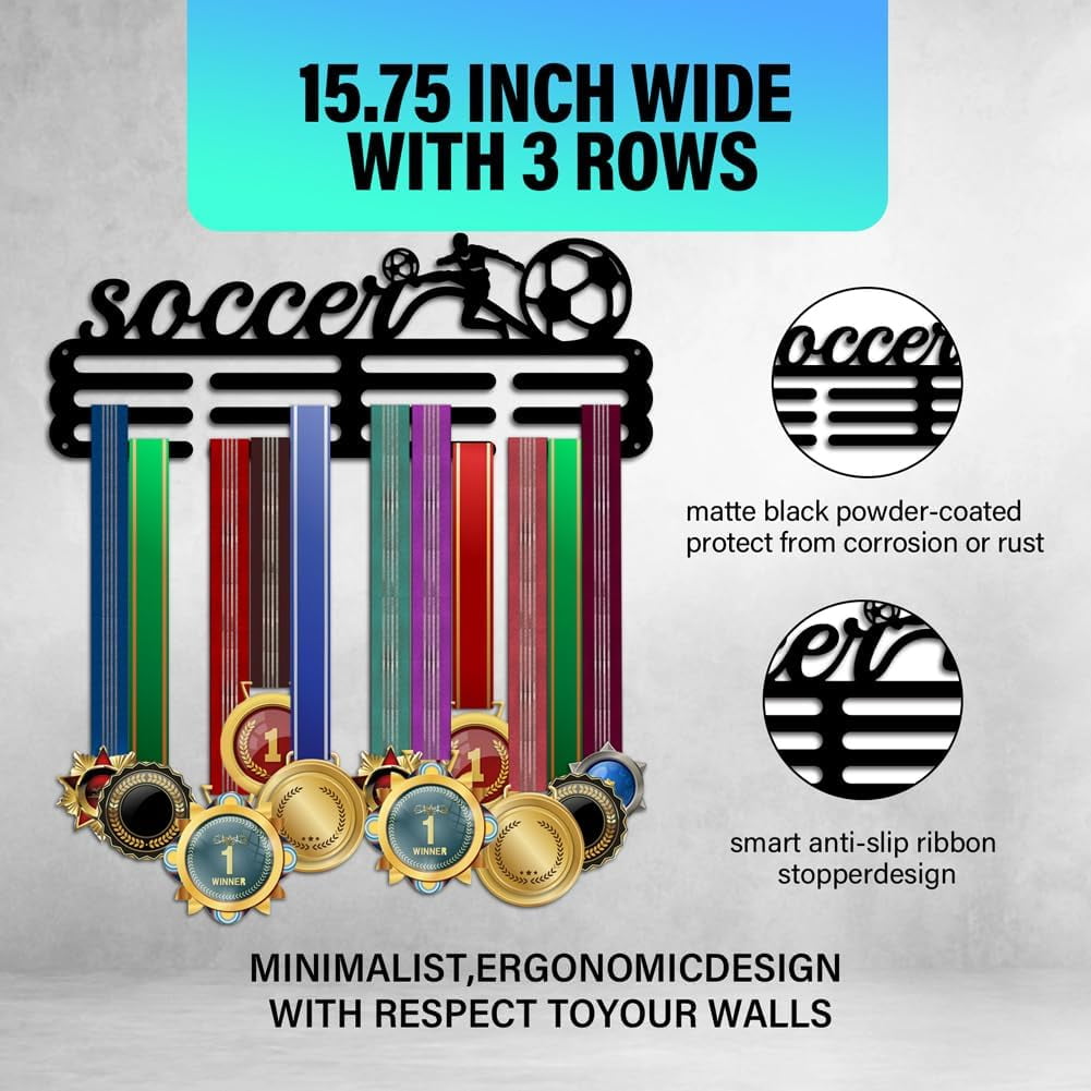 PH Soccer Medal Hanger Football Medal Display Sports Ribbon Holder Ball Competition Medal Holder Medals Display Awards Medal Rack Wall Mount Tiered Medal Hook for Athletes Competition Black DIY