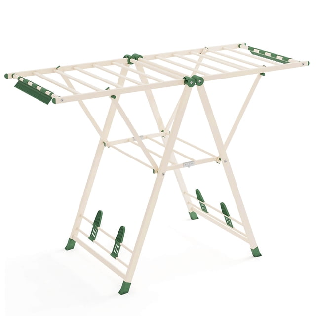 Costway Foldable Metal Laundry Drying Rack with Height Adjustable Wings, 16 Drying Rails Beige