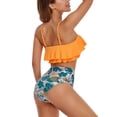 thumbnail image 4 of Traje de baño para mujer, 2 piezas, tirantes finos, dobladillo con volantes, elástico, fruncido, acolchado inalámbrico, traje de baño naranja XL, 4 of 6