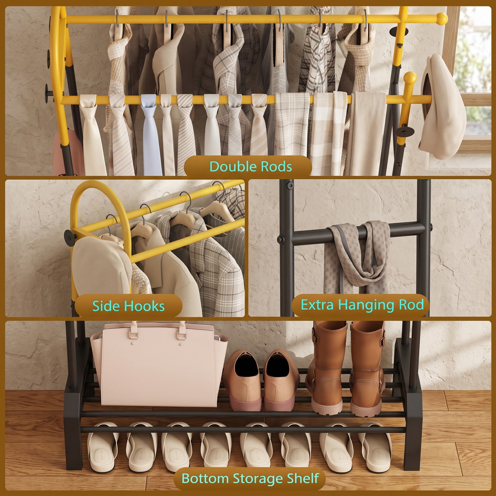 Furnibear Double Rod Garment Rack with 5 Side Hooks and Bottom Shelf for Bedroom Laundry Room and Closet, Gold and Black